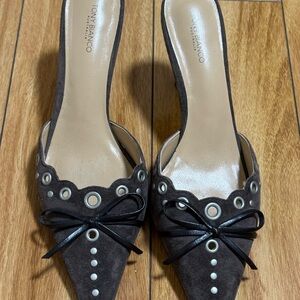 Tony Bianco Dark Brown Suede Pointed-Toe Mules with Eyelet & Bow